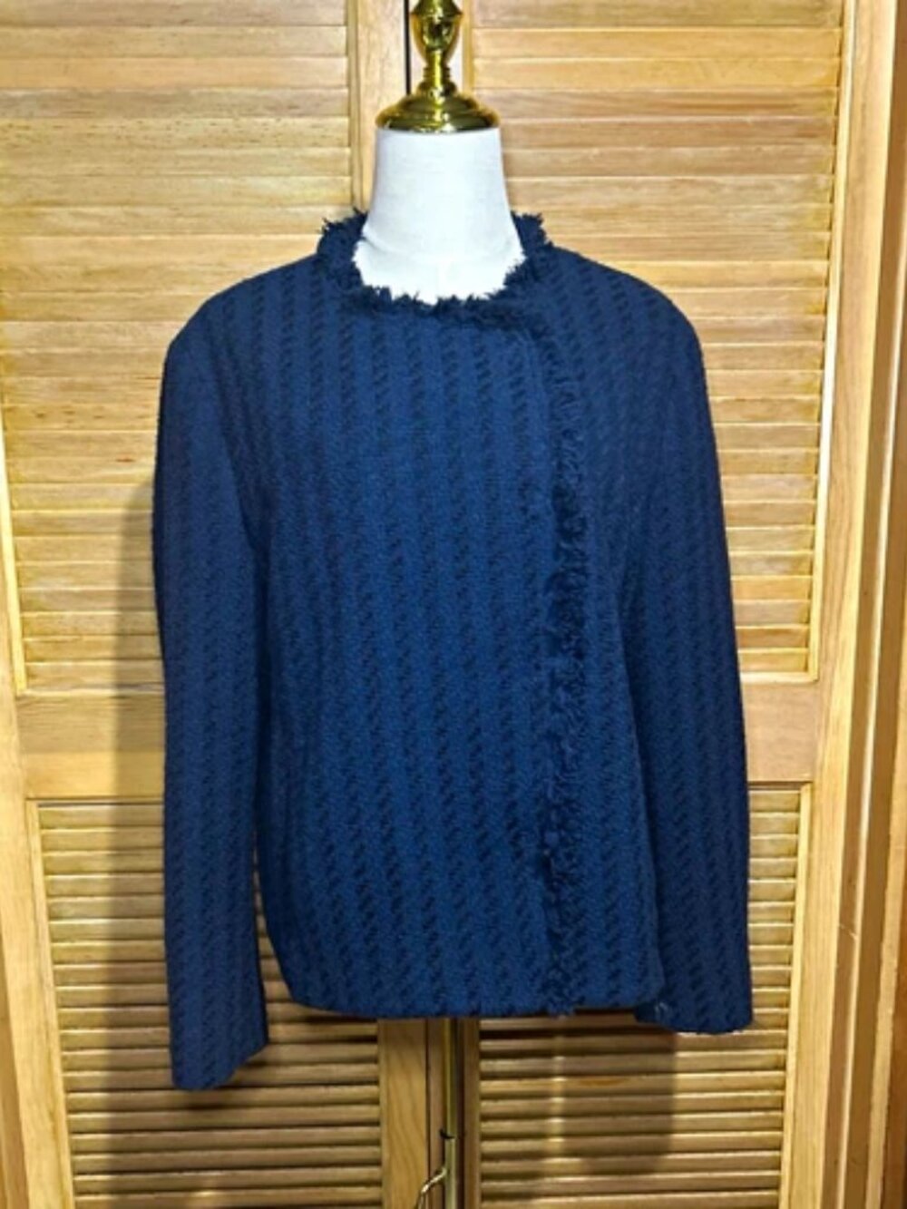 BOSS Jicara Womens Blue Tweed Fringe Trim Metal Snap Lined Jacket Size 14